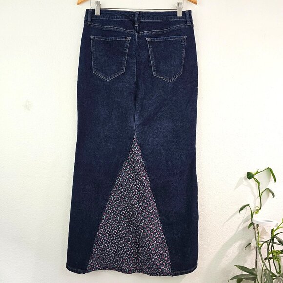Upcycled Blue Denim Jeans Bohemian Maxi Skirt Sz 12 Hand Sewn With Floral Panels - Picture 7 of 12